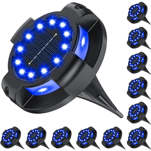Solar Pathway Lights Outdoor 12 Packs, Bright Blue 16 LEDs Ground Walkway with Side Light, Waterproof Deck Light for Yard Garden Poolside Driveway Decorations