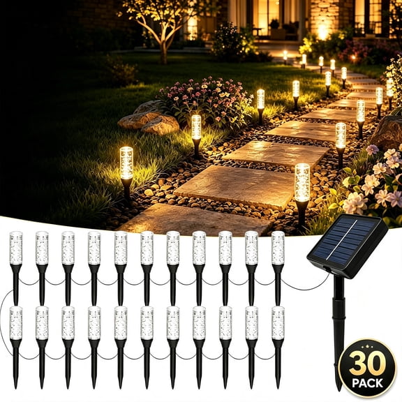Solar Pathway Lights Outdoor 30 Pack, LED Bubble Crystal Acrylic Garden Lights, IP54 Waterproof Solar Landscape Lighting with Ground Stakes for Patio Yard Walkway Garden Pond (Warm Light)