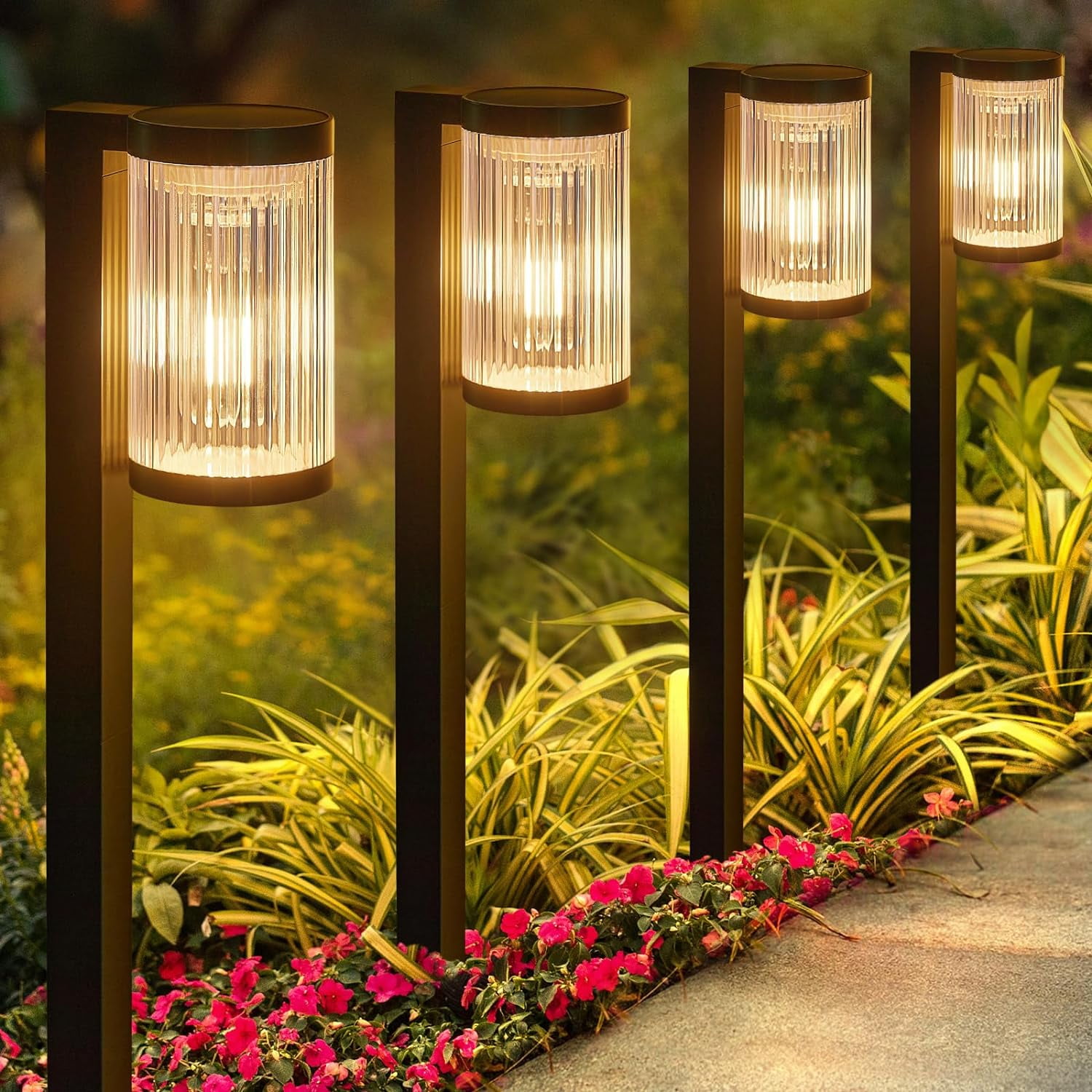 Black Solar Powered LED Pathway Lights with Crystal Shade, 6 Pack