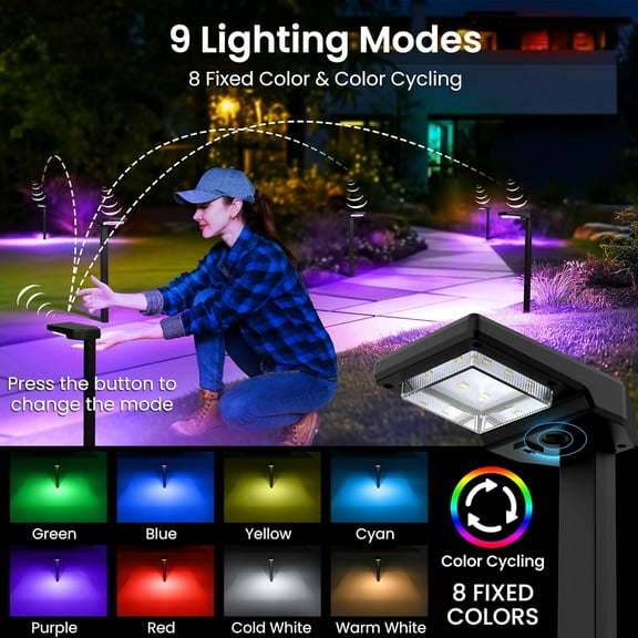 Solar Pathway Lights Outdoor, Smart Color Changing with 9-in-1 (Warm White/Cool White/RGBCW) Modes,Bright Landscape Lighting Waterproof for Walkway,Garden,Driveway,Yard,(4pack)