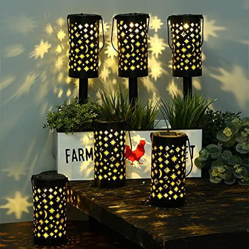 Solar Pathway Lights Outdoor Solar Powered Garden Lights Metal Waterproof LED Path Hanging Star Moon Solar Landscape Lights Outdoor for Walkway, Garden, Patio, Lawn, Yard6 Packs