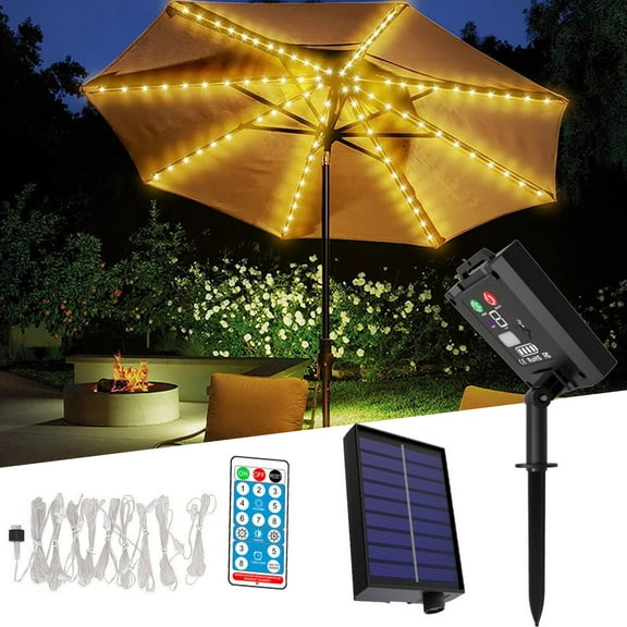 Solar Patio Umbrella Light, IP65 Waterproof 8 Modes LED String Light Remote Control USB Charging Clip Tent Lamp