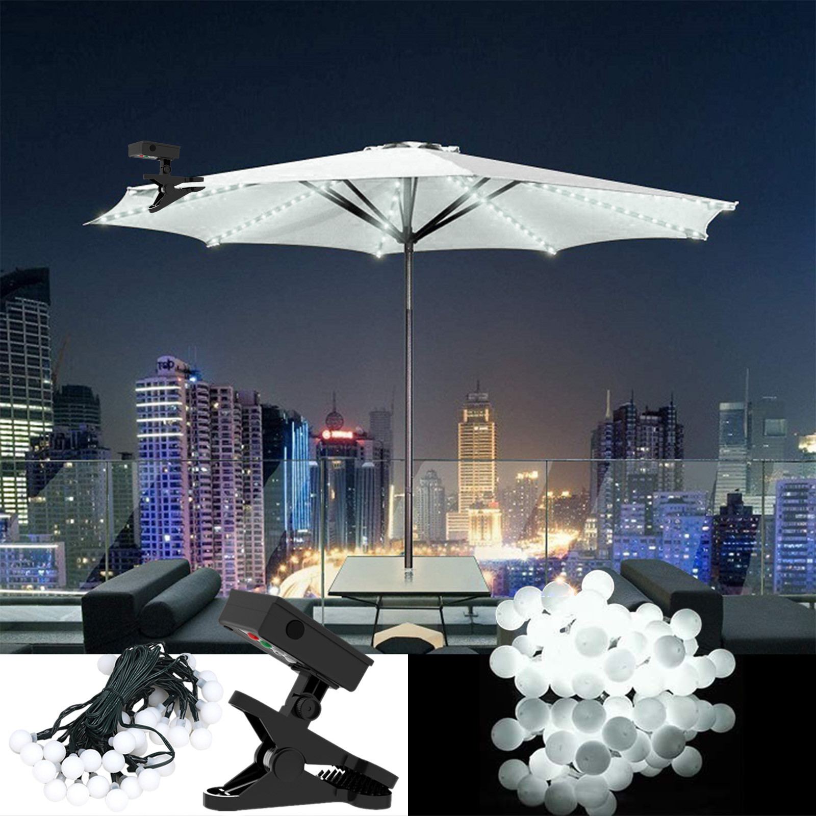 Solar Patio Umbrella Lights Cordless Parasol String Lights With Clip