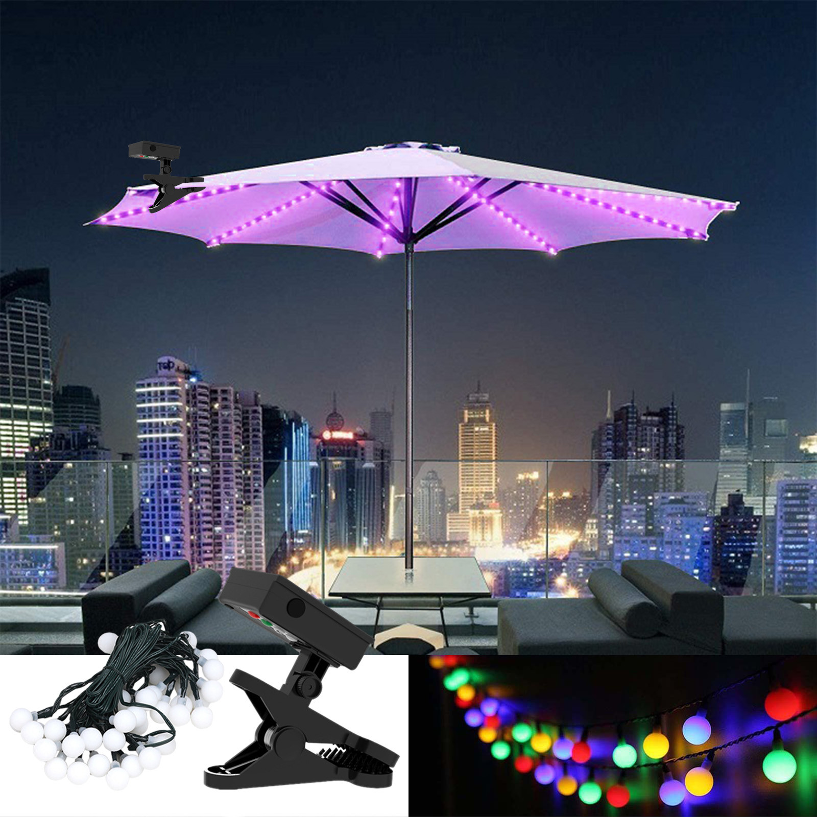 Solar Patio Umbrella Lights Cordless Parasol String Lights With Clip
