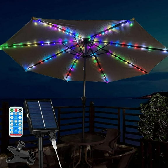 Solar Patio Umbrella Lights with Remote, Waterproof 104 LED Solar String Lights, 8 Modes Dimmable Outdoor Parasol Lights for Garden, Deck, Yard, Pool