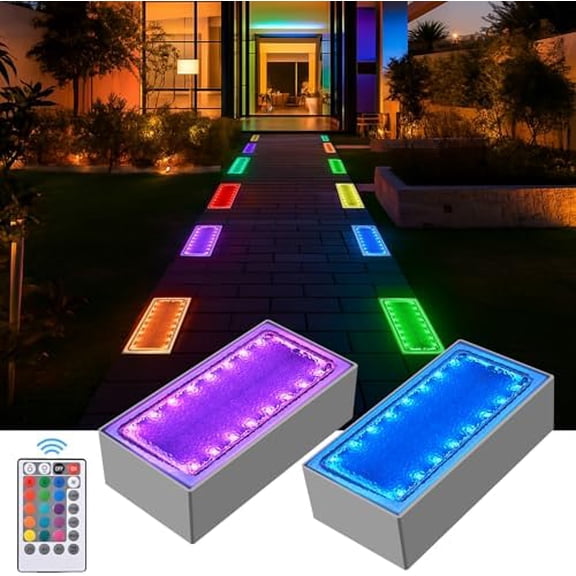 Solar Paver Changing Lights, 8x4 Solar Pavers Light Outdoor, Recessed Brick Pathway Lights, IP67 Waterproof Landscape Lighting for Ground,Walkway, Garden, Pool, Patio, Driveway,2 Pack (RGBW)