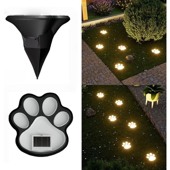 Solar Paw Print Garden Lights, Waterproof Outdoor Landscape Pathway Lamp, Shatterproof Lawn Decorative Post for Pet Lover Yard Walkway (4 Pack, Warm)