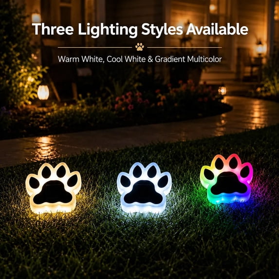 Solar Paw Print Stake Lights, Waterproof Outdoor, 3 Modes Auto On/Off for Garden and Lawn, Cool, Warm & Multicolor