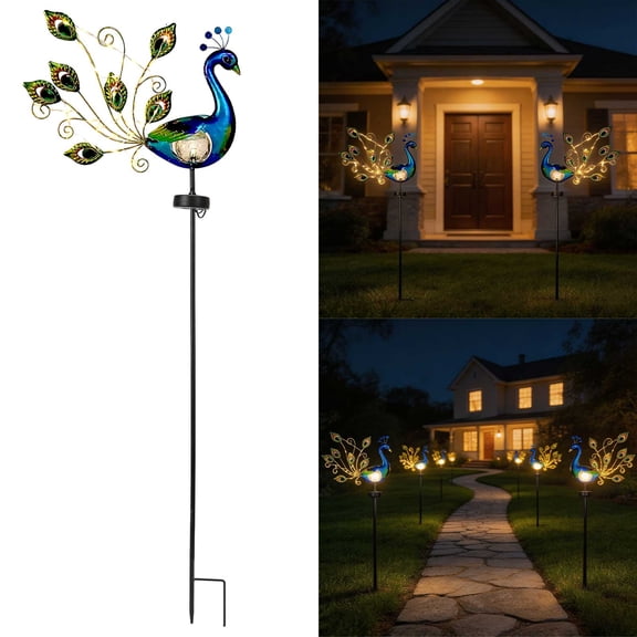 Solar Peacock Garden Stake Light, Metal Peacock Decorative Light With Crackle Glass Body, 2 Light Modes, Waterproof LED Light For Yard Patio, 1 Light