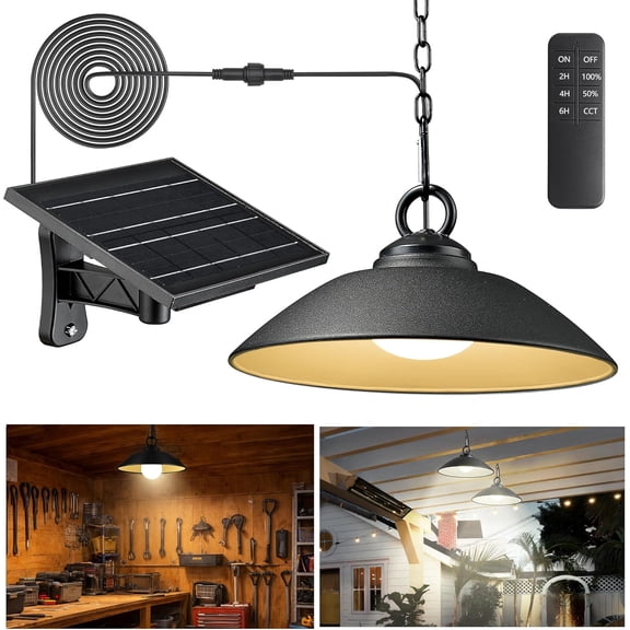 Solar Pendant Light with Remote, 3-Color 2-Brightness Timer, 8 Inch Outdoor Hanging Lamp for Porch Gazebo Shed Barn, Black Farmhouse Style, 1 Pack