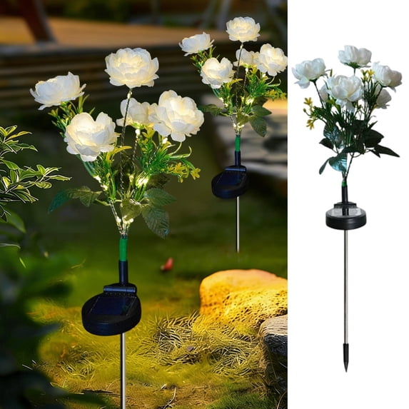 Solar Peony Flower Light, Solar Powered Garden Light with Silk Flowers, Waterproof Outdoor Decoration Light, Automatic Solar Light for Patio Garden (White)