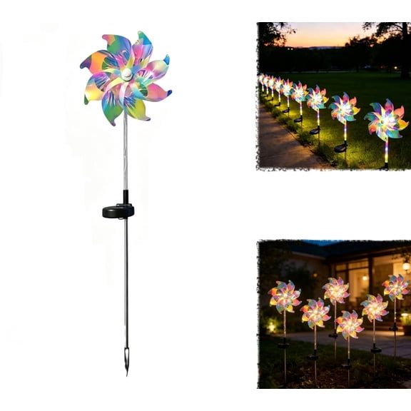 Solar Pinwheel Lights, Holographic Rainbow Waterproof LED Kinetic Wind Spinner Stake For Yard, Pathway, Lawn, Patio(RL)