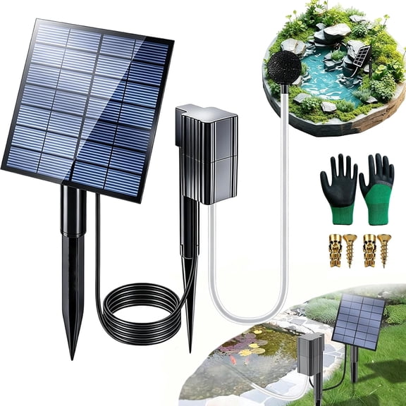 Solar Pond Aerator with Air Pump, Solar Powered Pond Aerator, Dual Power, 3 Modes, Battery Backup, 24H Aeration, Bubbler for Small Pond, Fish Tank, Stock Tank, Aquarium (no battery-b)
