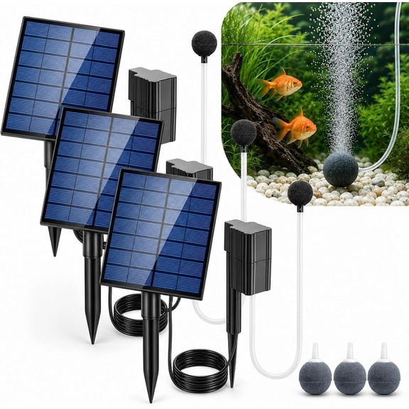 Solar Pond Aerator with Air Pump, Solar-Powered Pond Aerator with Pipe Air Bubble Stones, Solar Bubbler for Pond, Small Ponds, Fish Tanks & Hydroponics (3Sets)