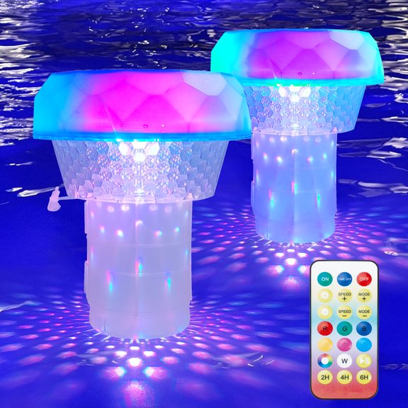 Solar Pool Chlorine Floater, Remote Control Floating Pool Lights with Projection Light, Floating Chlorine Dispenser Tablet Holder for Pool, Spa, Hot Tub, 2PCS