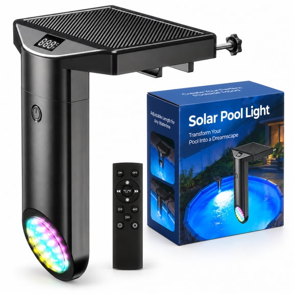 GKAJYZL Round Solar LED Pool Light, 400 Lumens, 9 Colors, Remote & Temperature Display, IP68 Waterproof for Inground & Above Ground Pools, 1 pack
