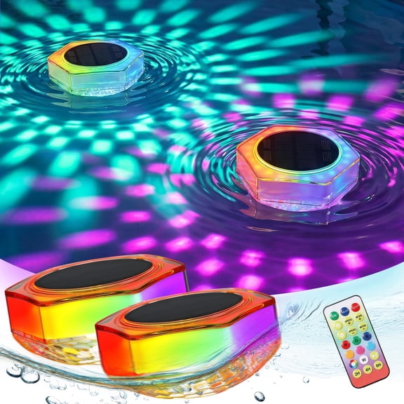 Floating Solar Pool Lights with Dynamic Lighting Effects and Remote Control, IP68 Waterproof LED Pool Lights for Floating , Parties, Yards, Gardens, 2 Pack