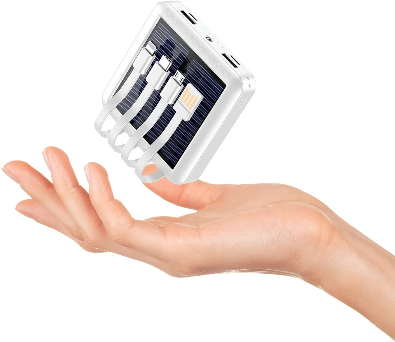 Solar Portable Charger 12000mAh, Small Power Bank, USB C Input/Output External Battery with Built-in 4 Cables, Two-Hand Flashlight, Suitable for iPhone, Tablet Computers and Samsung