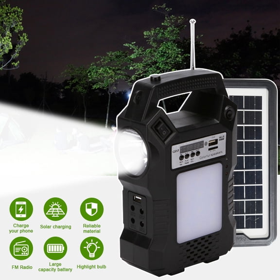 Solar Portable Power Station, Multifunctional Solar Generator with FM Radio, LED Flashlight, USB Charger, 3 LED Bulbs, Emergency Power Bank for Camping, Home, Outdoor, Power Outage