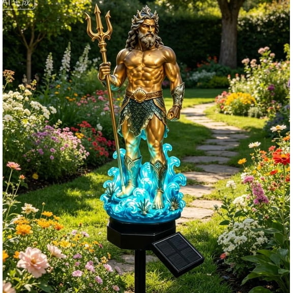 Solar Poseidon Garden Stake Lights, Mythical God of the Sea LED Solar Pathway Light, Resin Neptune Statue Outdoor Waterproof Landscape Lamp for Yard Lawn Patio Decor