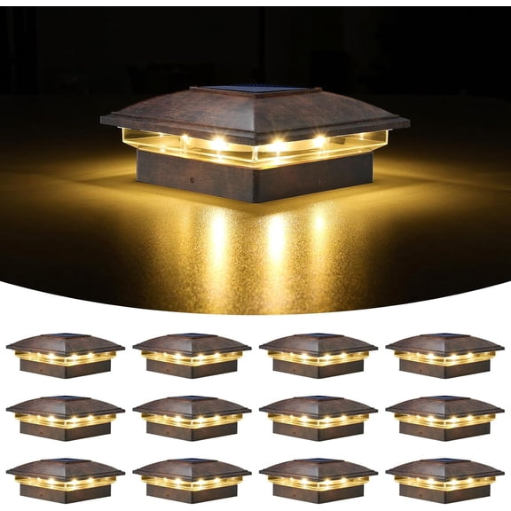 Solar Post Cap Light Outdoor Waterproof 12pack,Solar Fence - Post Lights for 4x4 5x5 6x6 Wooden/Vinyl Post,Black Deck Post Cap Light Solar Powered with Warm White for Garden/Patio/Porch