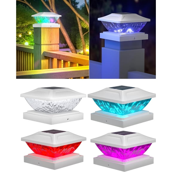 Solar Post Cap Lights,4Pack Fence Deck Post Cap Solar Powered Lights RGB with Two Modes,Fit for 4“x4“ 5“x5 “ with 3 Bases,Ip64 Waterproof Outdoor for Fence Deck Mailbox Stairway White