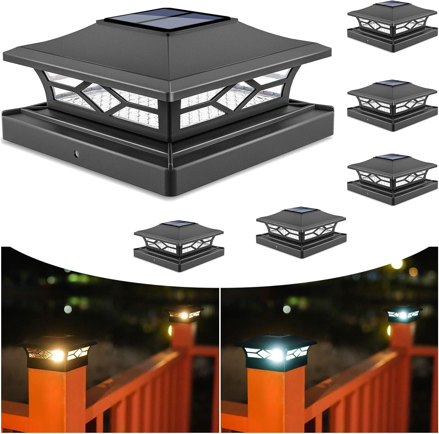 Black LED Solar Post Cap Lights for 4x4 Wood and Vinyl Posts, 6-Pack