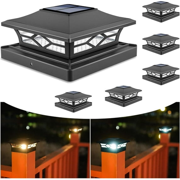 Solar Post Cap Lights: 6 - Pack Outdoor Post Light for White/Black 4x4 Vinyl Fence Deck - Dock 4x4/6x6 Wooden Post 2 Color Modes Waterproof Warm White