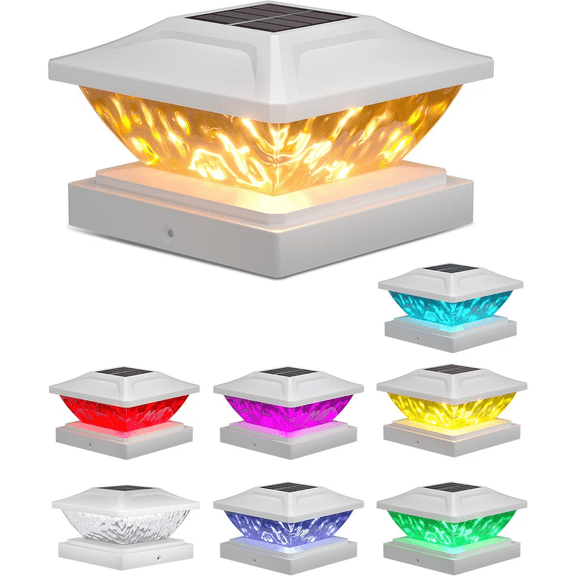 Solar Post Cap Lights 6 Pack – Outdoor Waterproof RGB Color Changing Light for 3.5x3.5 4x4 5x5 5.5x5.5 Wood/Vinyl Fence Posts, Solar Deck Lights for Patio, Garden, Porch(White)
