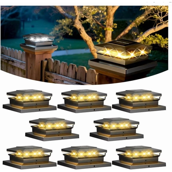 Solar Post Cap Lights,Fence Post Solar Lights 8 Pack, Waterproof Outdoor Light for Garden Deck Patio, Black Deck Posts Light with 2 Color Modes,For 4x4 5x5 6x6 Wooden/Vinyl/Aluminium Posts