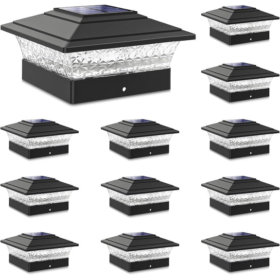 Solar Post Cap Lights Outdoor 12pack, Waterproof Fence Post Lights with 16 Ultra Bright LEDs Fit 4x4 Wood/Vinyl Posts, Black Deck Post Lights with Warm/Cool White for Garden Patio Porch Yard