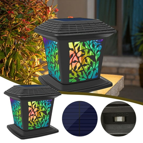 Solar Post Cap Lights Outdoor - 15x15.5cm Black Plastic Fence Light with Warm White Flame Colorful Modes - Waterproof Solar Powered Garden Patio Deck Stair Pathway Lighting - Auto On/Off Light Sensor