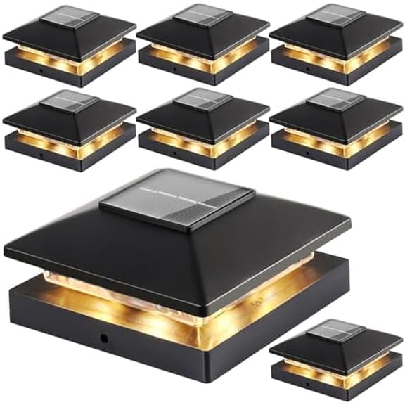 Solar Post Cap Lights Outdoor 8pack, Black Waterproof Solar Powered Deck Fence Post Lights Fit 4x4 Wood/Vinyl Posts, Bright Warm White Solar Post Lights Decorate Deck, Patio, Porch, Fence