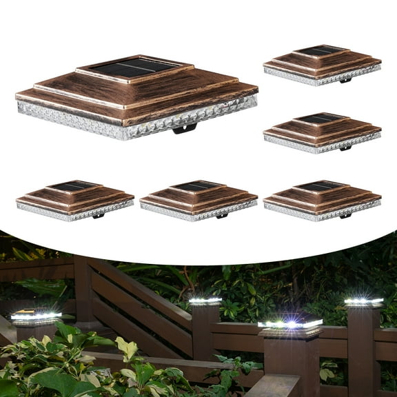Solar Post Cap Lights,Outdoor Deck Fence Post Lights,Powerful Lithium Battery 20Lumens Two Light Modes Warm White/Bright White Suitable for 4x4 5x5 Wooden Posts,4x4 Viny Posts (Brushed Copper, 6pk)