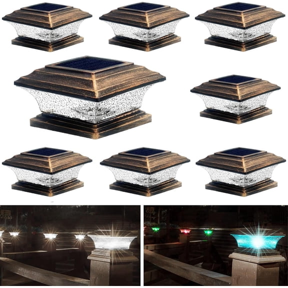 Solar Post Cap Lights Outdoor LED Lighting Deck Fence Cap Light 9 Light Modes Bright White/7 Color Fixed Modes/7 Color Cycling Mode Suitable for 4x4 5x5 Wooden Posts Brushed Copper