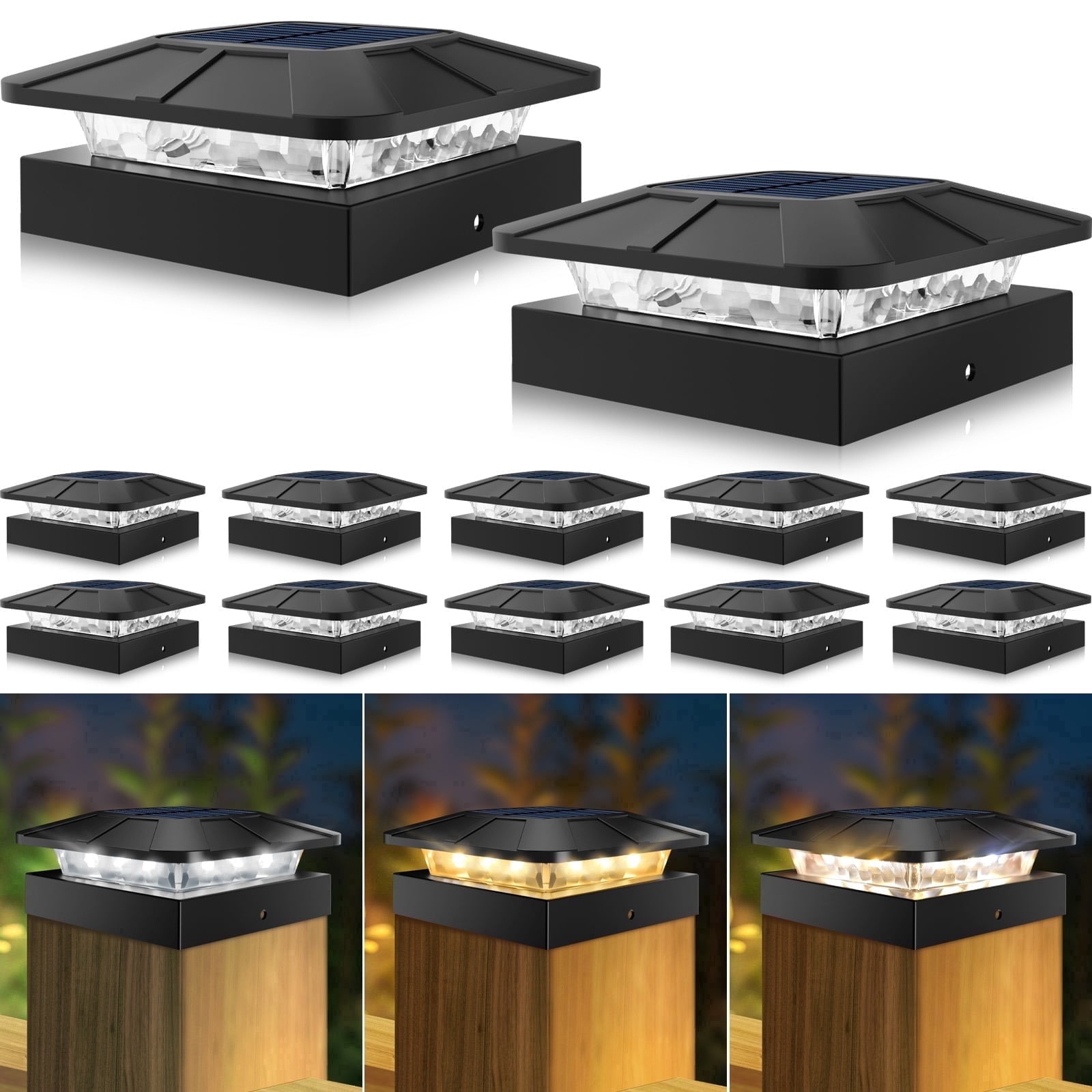 12 Pack 4x4 Solar Post Cap Lights Outdoor Waterproof, Solar Fence Post Lights 3 Modes for 4x4 or 3.5x3.5 Wood Vinyl Posts Deck Railing Porch Mailbox