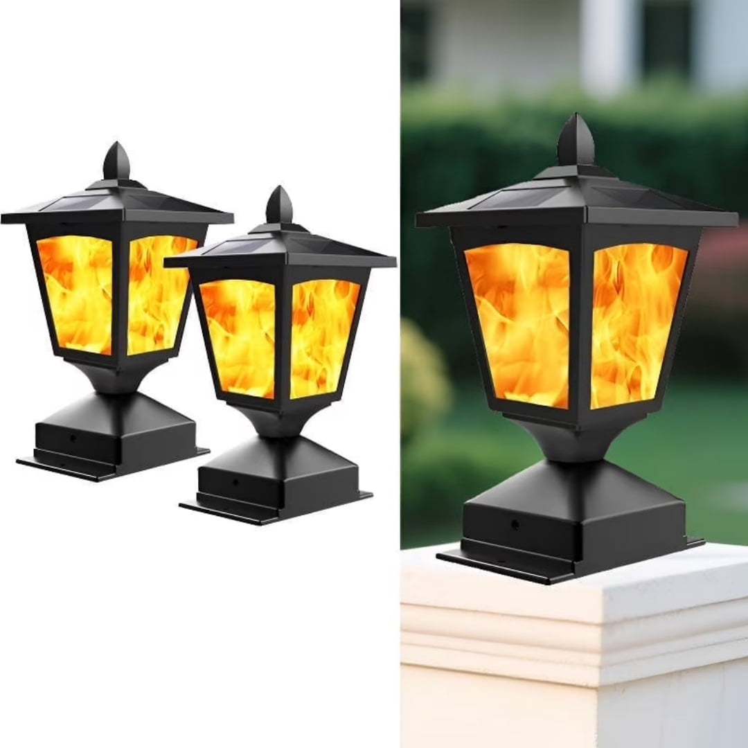 Solar Post Cap Lights for 4x4 Wood Fence, Flickering Flame LED, Waterproof Outdoor Deck & Garden Lighting, 2 Pack, Auto On/Off, Black