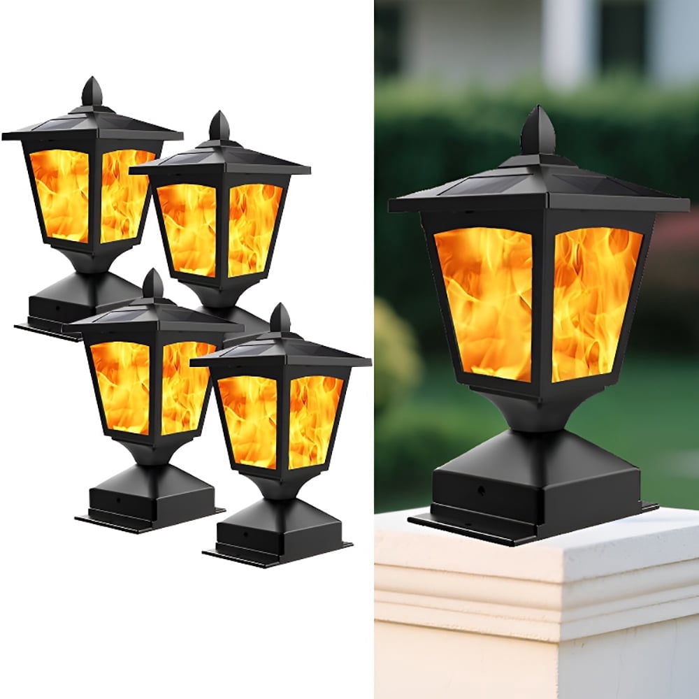 Solar Post Cap Lights for 4x4 Wood Fence, Flickering Flame LED, Waterproof Outdoor Deck & Garden Lighting, 4 Pack, Auto On/Off, Black