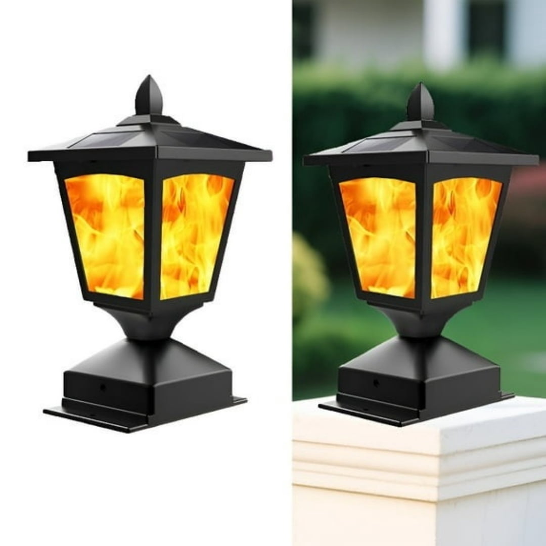 Solar Post Cap Lights for 4x4 Wood Fence, Flickering Flame LED, Waterproof Outdoor Deck & Garden Lighting,Auto On/Off, Black