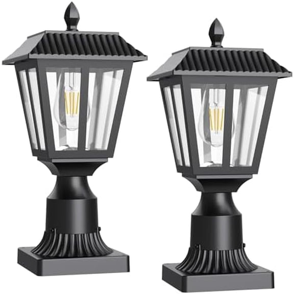 Solar Post Lamp Lights, 2 Pack 6000K Dusk to Dawn Solar Light with Pier Mount Base, Post Lights Outdoor Waterproof for Garden Yard Landscape Pole Pillar, Outside Decorative Lamp