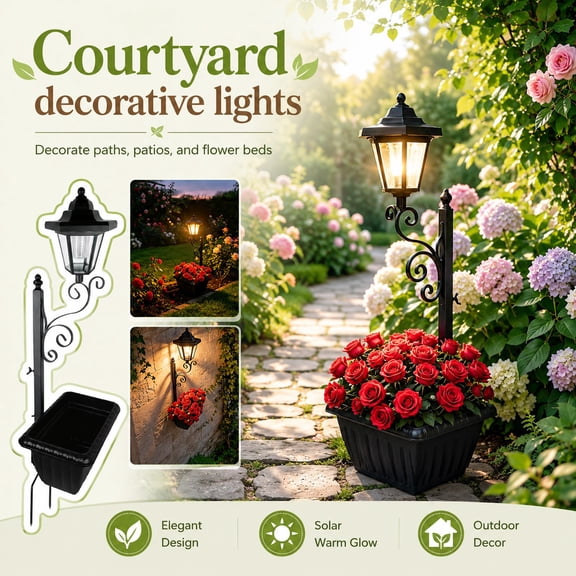 Solar Post Light, Lamp Post Planter, Solar Outdoor Lamp, Solar Decor, 32X10X7 Inch Waterproof Staked Wrought Iron Outdoor Ornamental Light, Suitable for Garden, Lawn, Yard, Patio,