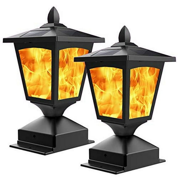 Solar Post Cap Light, Flickering Flame LED for 4x4 Fence, Waterproof Outdoor Pathway Garden Porch Lighting, 2 pack (Black)