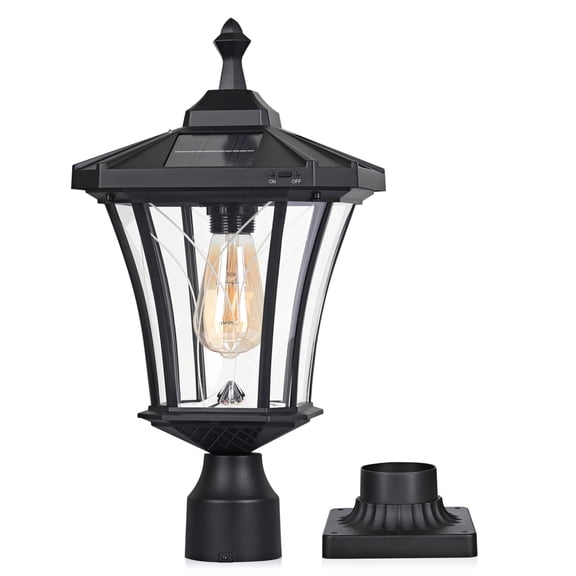 Solar Post Light Outdoor, ST4339Q Cast Aluminum Dusk to Dawn Vintage Solar Lamp Post Light Bright Sandy Colored Bulb with Pier Mount Base for Gates Pole Garden Pillar Column Path Porch Yard Driveway