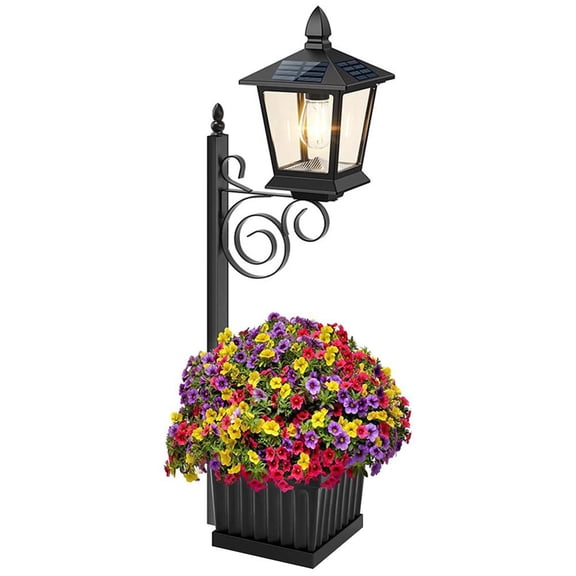 Solar Post Light with Planter, Outdoor Waterproof Garden Lamp with 4 Solar Panels, Auto On Off Lantern for Pathway Yard Patio Decor, 27.2 Inch