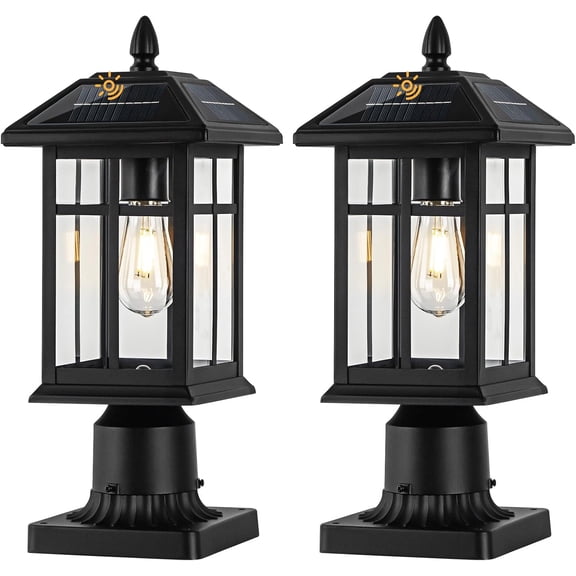 Solar Post Lights 2 Packs, Waterproof Post Lantern with Pier Mount Base, Aluminum Post Lamp Warm White Bulb Included for Yard Garden Pillar Pole Pathway