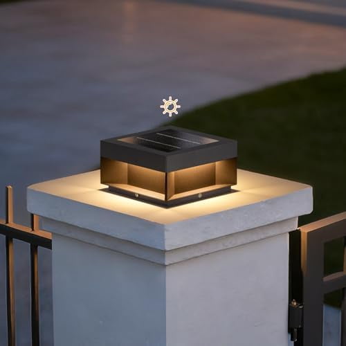 Solar Post Lights, 7.9" Outdoor Column Lights, Waterproof 3000K Modern Pillar Light, Dusk to Dawn Fence Deck Cap Lamp  LED Landscape Lighting for Outside Driveway Pathway Yard Garden Posts