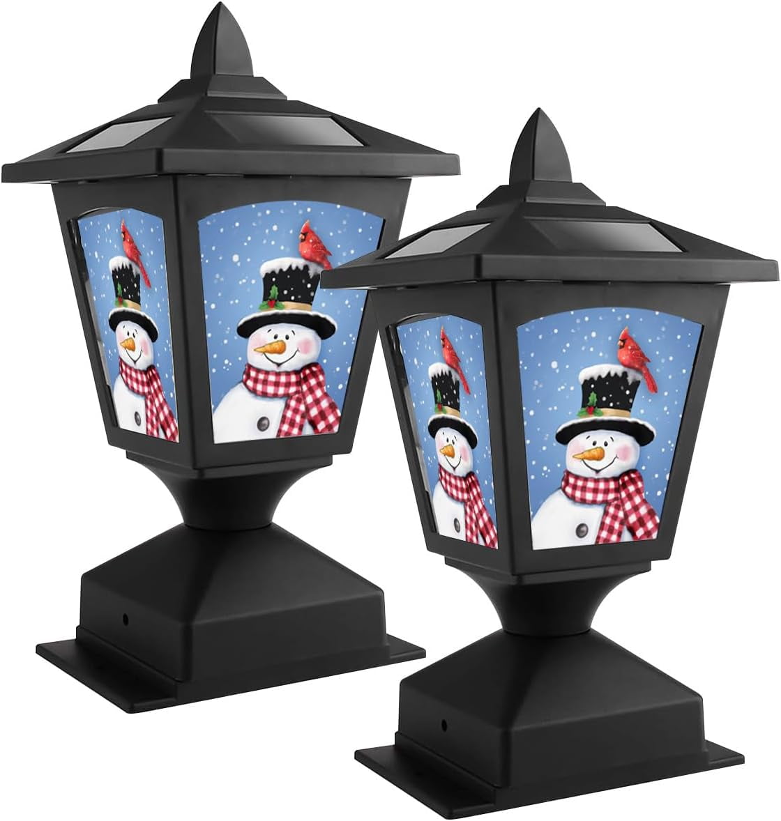 Solar Post Lights Outdoor, 2 Pack, Wood Fence Posts, Pathway, Deck, Halloween/Thanksgiving/Christmas Decoration (Three Snowman)