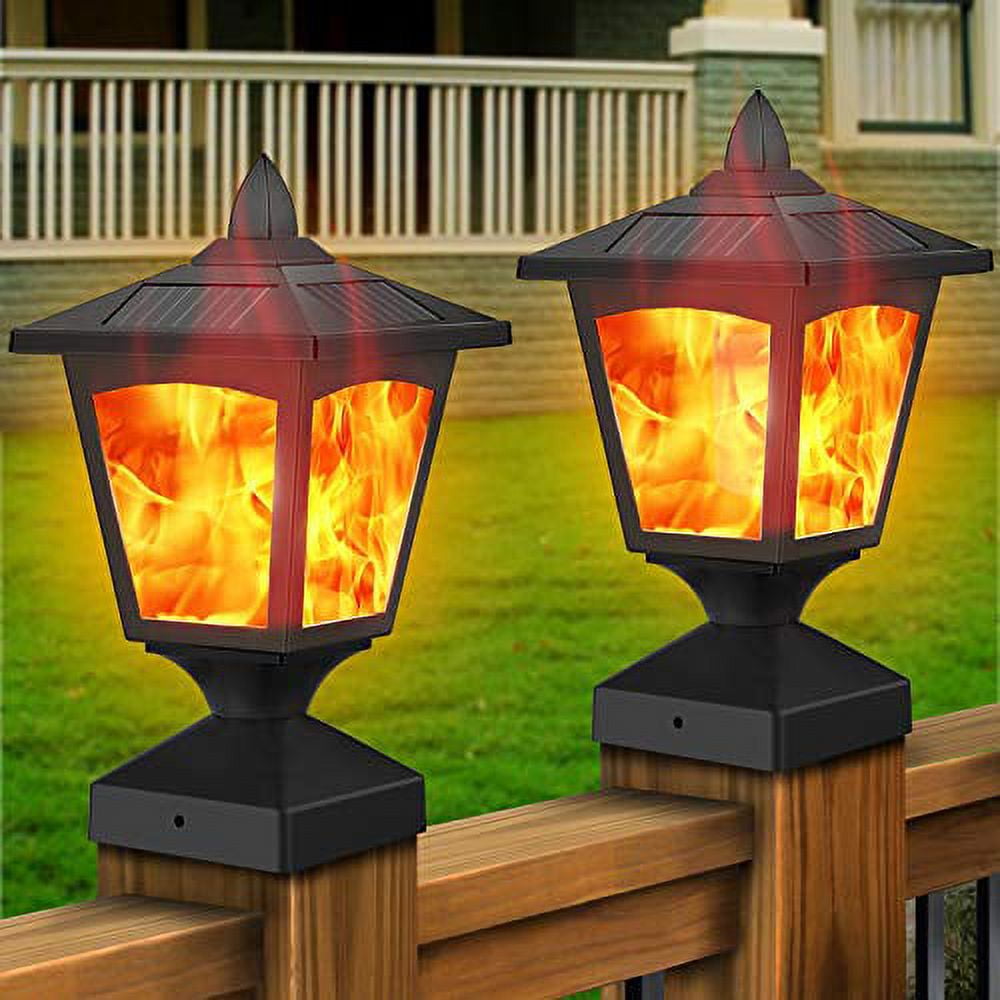 Solar Post Lights,Outdoor Fence Post Cap Flame Lights,4x4 Deck Post Top LED  Lights,Waterproof Decorative Garden Solar Powered Flickering Flame Effect  Lights for Yard Garden Patio Decoration 2Pack