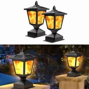 Solar Post Cap Lights Flickering Flame Outdoor Waterproof Black 2-Pack 4x4