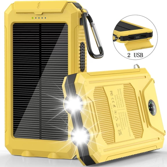 Solar Power Bank 10000mAh, Waterproof Portable Charger with Dual USB Ports, LED Flashlight & Compass for Outdoor Camping